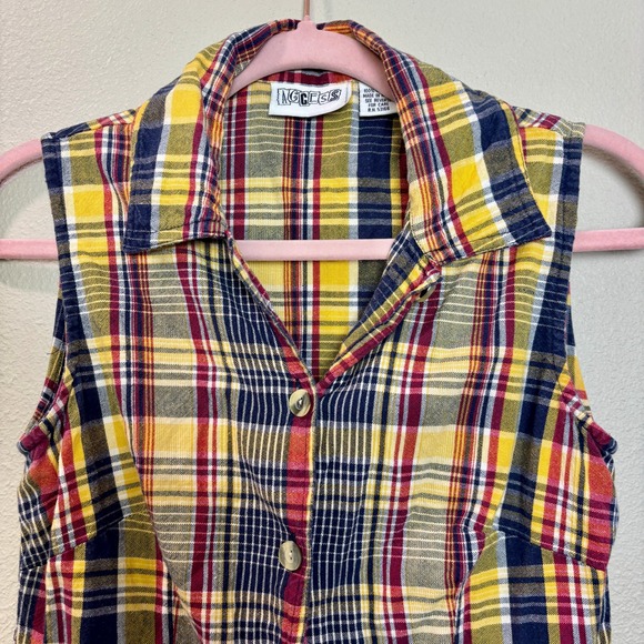 Vintage Access Plaid‎ Sleeveless Dress Button Front Yellow Red Blue XS/S - Picture 2 of 11